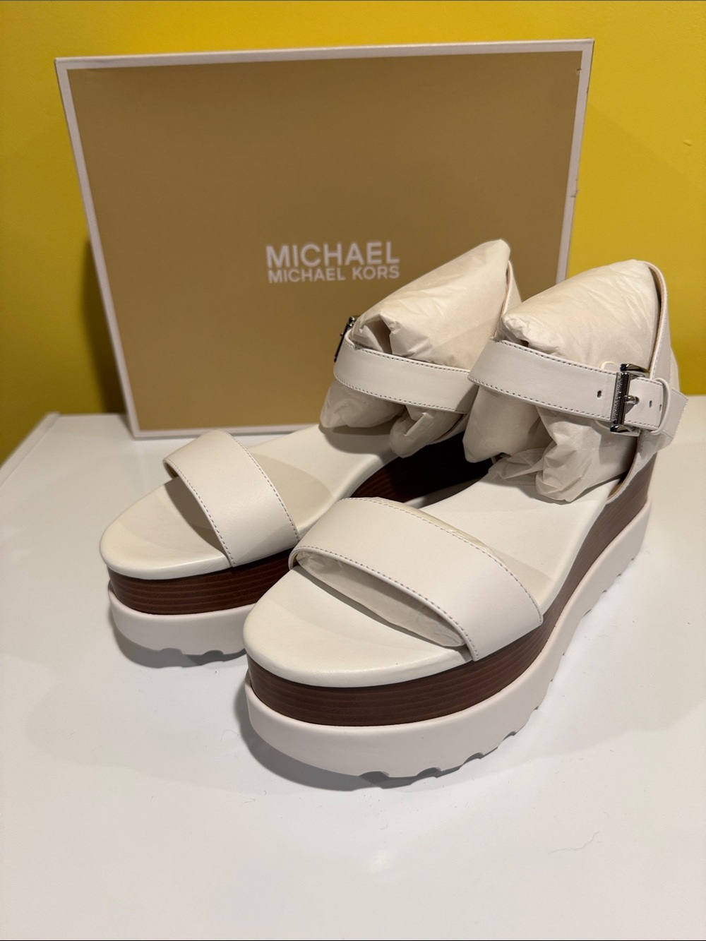 Michael Kors Cream Platform Ankle-Strap Sandals with Brown Midsole